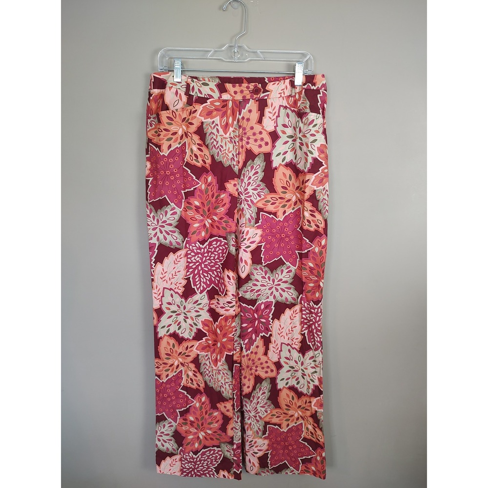 Talbots Womens 12 Stretch Straight Leg Pants Burgundy Coral‎ Leaf Print Autumnal